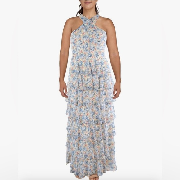Lauren Ralph Lauren Floral Crinkle Georgette Halter Criss Cross Ruffle Dress 16 - Picture 1 of 16